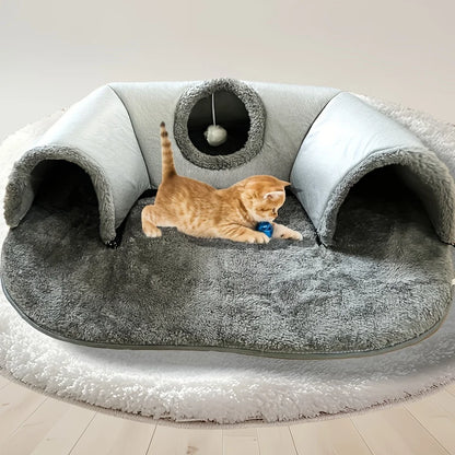 3-In-1 Cozy Cat Tunnel Bed - Play Mat & Warm Nest with Non-Slip Base for Small to Medium Cats, Rabbits & Hamsters