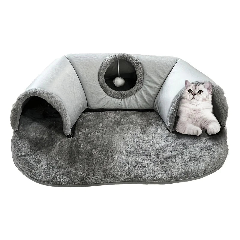 3-In-1 Cozy Cat Tunnel Bed - Play Mat & Warm Nest with Non-Slip Base for Small to Medium Cats, Rabbits & Hamsters
