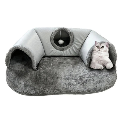3-In-1 Cozy Cat Tunnel Bed - Play Mat & Warm Nest with Non-Slip Base for Small to Medium Cats, Rabbits & Hamsters
